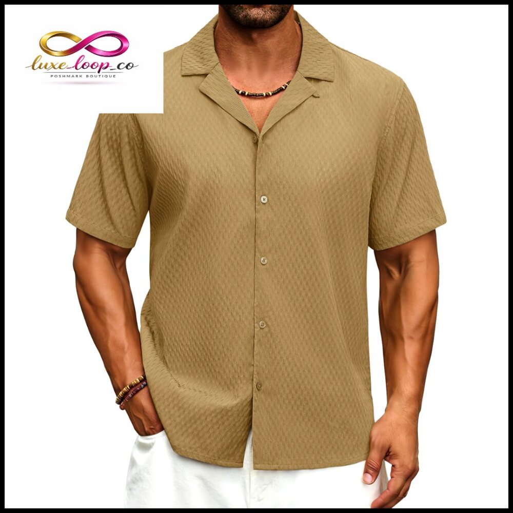 Men's Short Sleeve Cuban Collar Button Down Shirt‎ Textured Fabric Casual Summer